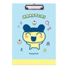 Two officially licensed Tamagotchi clipboards: one light blue featuring Mametchi with cupcakes and sweets, and one pale yellow featuring Kuchipatchi with stars and snacks. Both clipboards include a silver metal clip and the official Tamagotchi logo.
