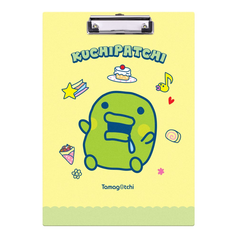 Two officially licensed Tamagotchi clipboards: one light blue featuring Mametchi with cupcakes and sweets, and one pale yellow featuring Kuchipatchi with stars and snacks. Both clipboards include a silver metal clip and the official Tamagotchi logo.