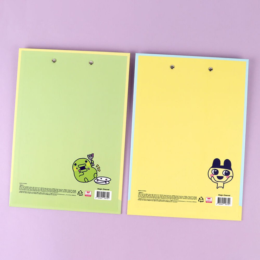 Two officially licensed Tamagotchi clipboards: one light blue featuring Mametchi with cupcakes and sweets, and one pale yellow featuring Kuchipatchi with stars and snacks. Both clipboards include a silver metal clip and the official Tamagotchi logo.