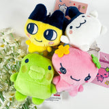 Officially licensed Tamagotchi plush keychain set of the character Mametchi, Floritchi, Mimitchi, and Kuchipatchi each with a ball-chain attachment for bags or keys.