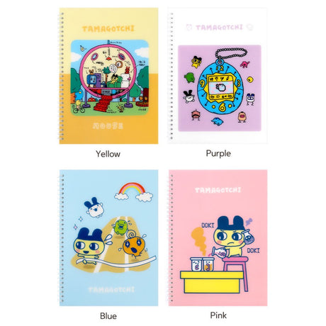 A set of four officially licensed Tamagotchi spiral notebooks in yellow, purple, blue, and pink, each featuring different character illustrations.