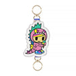 An officially licensed Tokidoki faux-leather key charm displaying the character Little Terror in a pink dinosaur outfit holding an ice cream cone, fitted with dual gold key rings at top and bottom