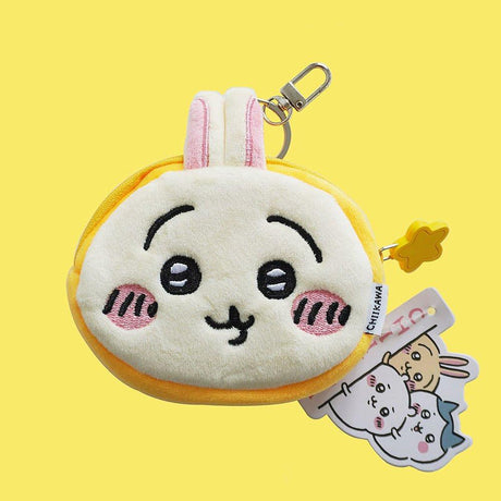 Usagi Yellow face pouch clip-on keychain. A small plush coin purse with a secure metal clip, designed as a Japanese kawaii character accessory for kids and collectors