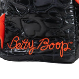 Black quilted heart-pattern backpack featuring Betty Boop and Pudgy character patches, vibrant red trim, and decorative gold chain charms shaped like red lips and Pudgy the dog.