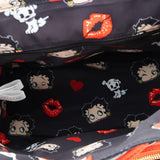 Black quilted heart-pattern backpack featuring Betty Boop and Pudgy character patches, vibrant red trim, and decorative gold chain charms shaped like red lips and Pudgy the dog.