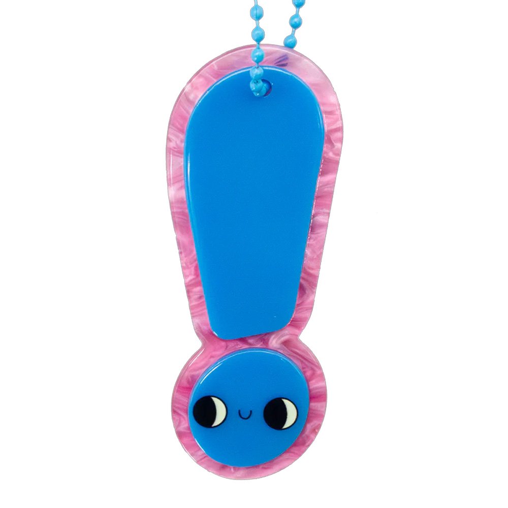 An officially licensed Whatever! blue dome-shaped handbag featuring a large character face with giant black eyes and pink cheeks. The bag is decorated with a green bat-winged patch, a star, and a lightning bolt. It includes blue top handles and a detachable rainbow-striped shoulder strap.