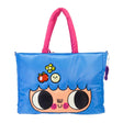 An officially licensed Burger Bargie large blue tote bag featuring a character's face with large eyes and a smile. The bag has bright pink padded handles and is decorated with small patches above the character's hair line.