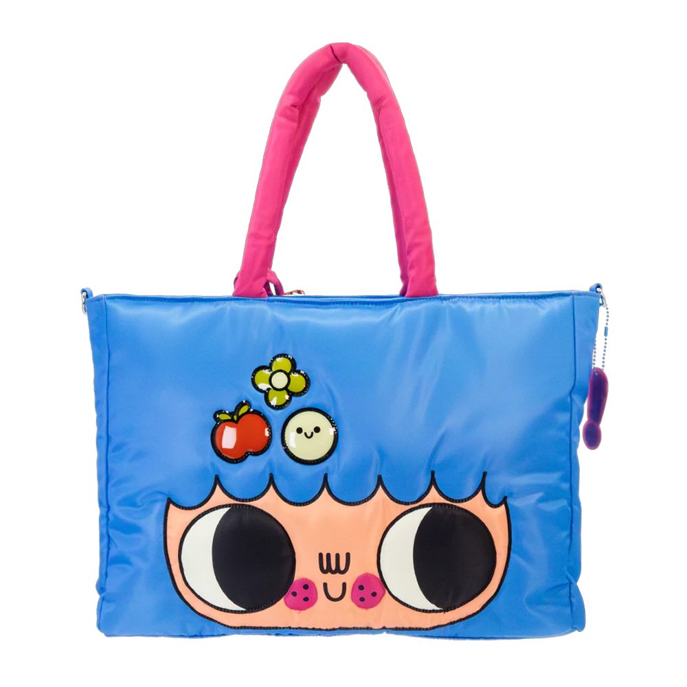 An officially licensed Burger Bargie large blue tote bag featuring a character's face with large eyes and a smile. The bag has bright pink padded handles and is decorated with small patches above the character's hair line.