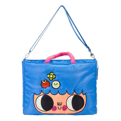 An officially licensed Burger Bargie large blue tote bag featuring a character's face with large eyes and a smile. The bag has bright pink padded handles and is decorated with small patches above the character's hair line.