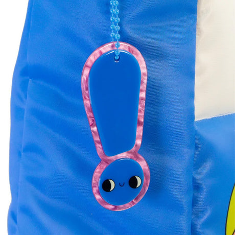 An officially licensed Burger Bargie large blue tote bag featuring a character's face with large eyes and a smile. The bag has bright pink padded handles and is decorated with small patches above the character's hair line.