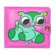 An officially licensed Burger Babie bi-fold wallet in bright pink. The front features a large, stylized green and teal character with big black eyes and pink cheeks. The wallet has a pink snap-closure tab decorated with a small pink bird character, and two small teal stars are printed at the bottom.