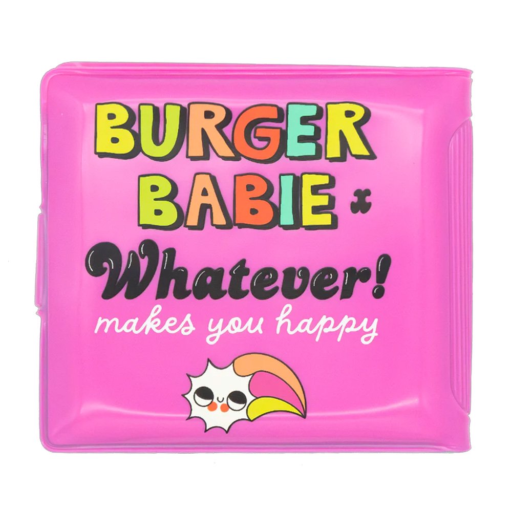 An officially licensed Burger Babie bi-fold wallet in bright pink. The wallet has a pink snap-closure tab decorated with a small pink bird character.