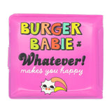 An officially licensed Burger Babie bi-fold wallet in bright pink. The wallet has a pink snap-closure tab decorated with a small pink bird character.