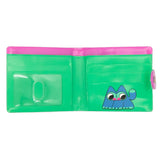 An officially licensed Burger Babie bi-fold wallet in bright pink and green. The wallet Includes a clear ID slot, 5 card pockets, and a full-length bill compartment.