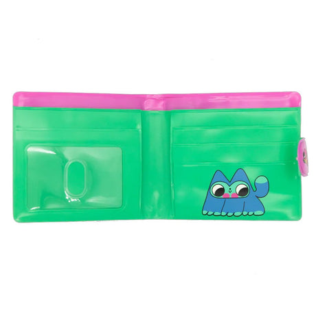 An officially licensed Burger Babie bi-fold wallet in bright pink and green. The wallet Includes a clear ID slot, 5 card pockets, and a full-length bill compartment.