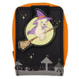 Front view of Officially Licensed Whatever! Makes You Happy x Kewpie Witchy Baby Card Holder Accordion Wallet, perfect for Halloween accessory or vintage spooky style, featuring Kewpie flying on a broomstick with purple witch hat over full moon