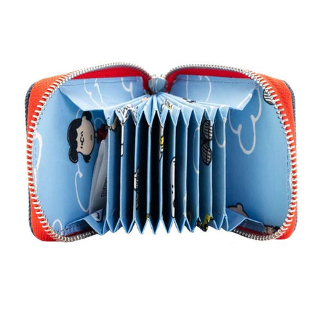 A Peanuts Snoopy denim accordion wallet, the interior shows a light blue accordion-style card organizer with Lucy and cloud character prints.