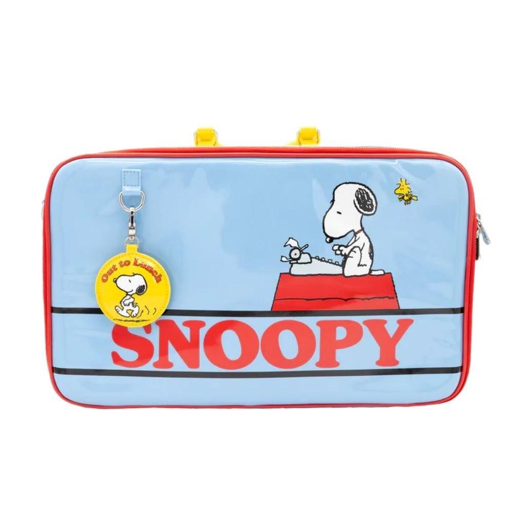 A retro-style light blue Snoopy laptop bag or briefcase featuring Snoopy and Woodstock, finished with a yellow top handle and an "Out to Lunch" small charm attached