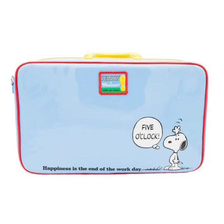 A retro-style light blue Snoopy laptop bag or briefcase featuring Snoopy and Woodstock, finished with a yellow top handle and an "Out to Lunch" small charm attached