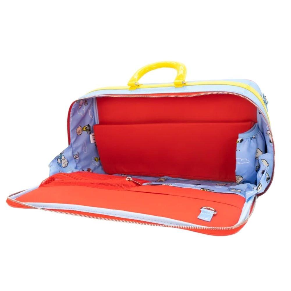 A retro-style light blue Snoopy laptop bag or briefcase featuring Snoopy and Woodstock, finished with a yellow top handle and an "Out to Lunch" small charm attached