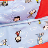 A retro-style light blue Snoopy laptop bag or briefcase featuring Snoopy and Woodstock, finished with a yellow top handle and an "Out to Lunch" small charm attached