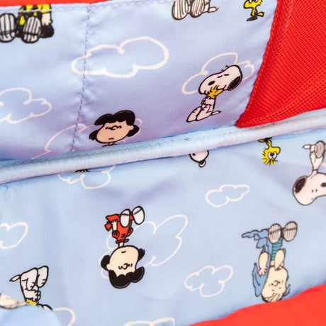 A retro-style light blue Snoopy laptop bag or briefcase featuring Snoopy and Woodstock, finished with a yellow top handle and an "Out to Lunch" small charm attached