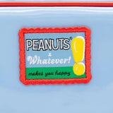 A retro-style light blue Snoopy laptop bag or briefcase featuring Snoopy and Woodstock, finished with a yellow top handle and an "Out to Lunch" small charm attached