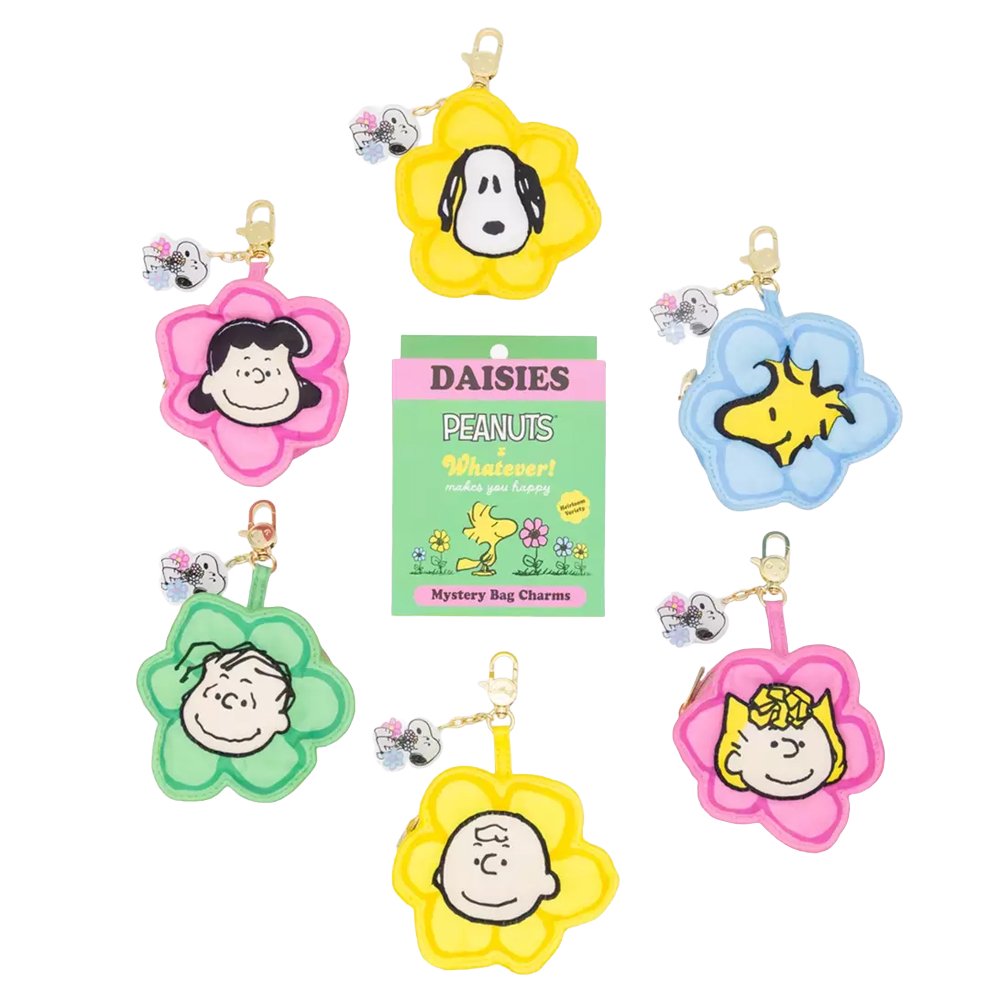 A collection of six colorful, flower-shaped Peanuts character pouch charms showcasing Snoopy, Woodstock, Charlie Brown, Lucy, Sally, and Linus
