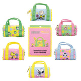 Six miniature duffle-shaped Peanuts character coin pouches in assorted bright pastel colors and floral patterns showcasing characters like Snoopy holding flowers, Woodstock, Lucy, and Charlie Brown