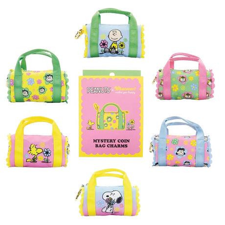 Six miniature duffle-shaped Peanuts character coin pouches in assorted bright pastel colors and floral patterns showcasing characters like Snoopy holding flowers, Woodstock, Lucy, and Charlie Brown