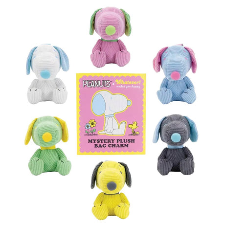 Six colorful, mini corduroy Snoopy plush charms in various pastel hues arranged around a pink mystery box