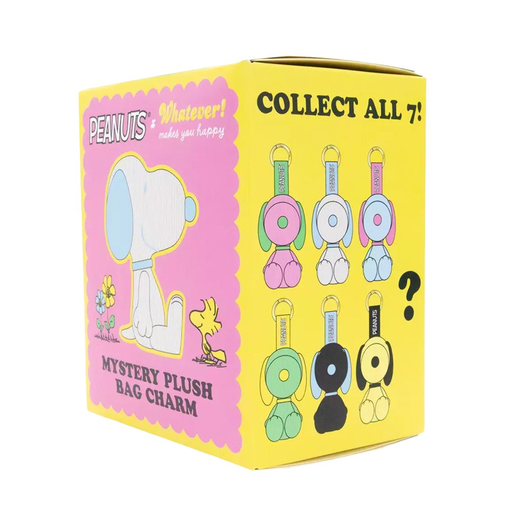 Six colorful, mini corduroy Snoopy plush charms in various pastel hues arranged around a pink mystery box