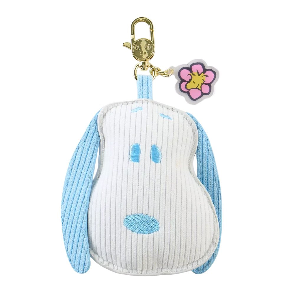 Six distinct flower-themed Snoopy head corduroy pouch charms in a variety of colorways, including green, pink, dark brown, yellow, light blue, and white, arranged in two rows
