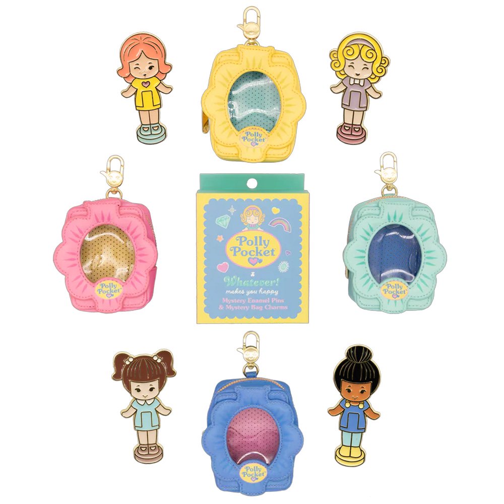 A collection of Polly Pocket mystery items including four colorful character enamel pins and four flower-shaped miniature bag charm keychains in yellow, pink, blue, and mint green.