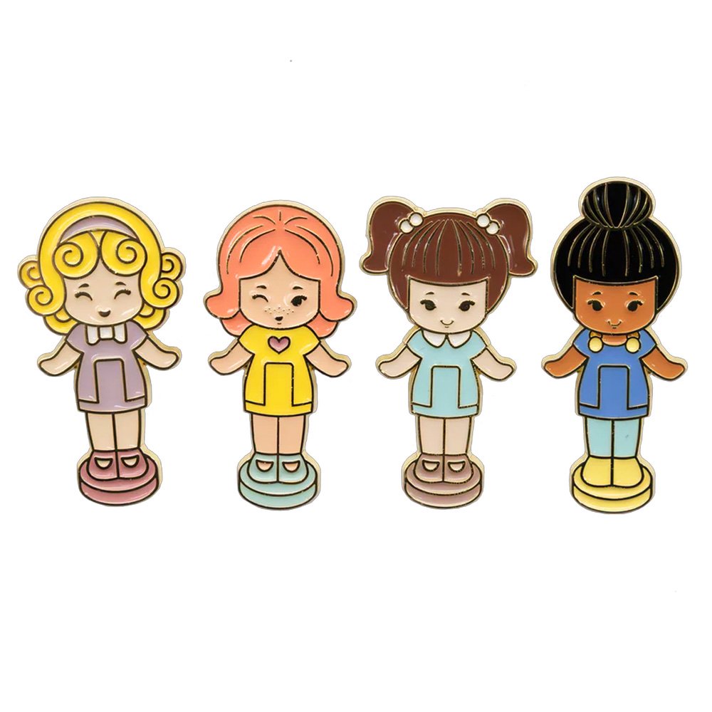 A collection of Polly Pocket mystery items including four colorful character enamel pins and four flower-shaped miniature bag charm keychains in yellow, pink, blue, and mint green.