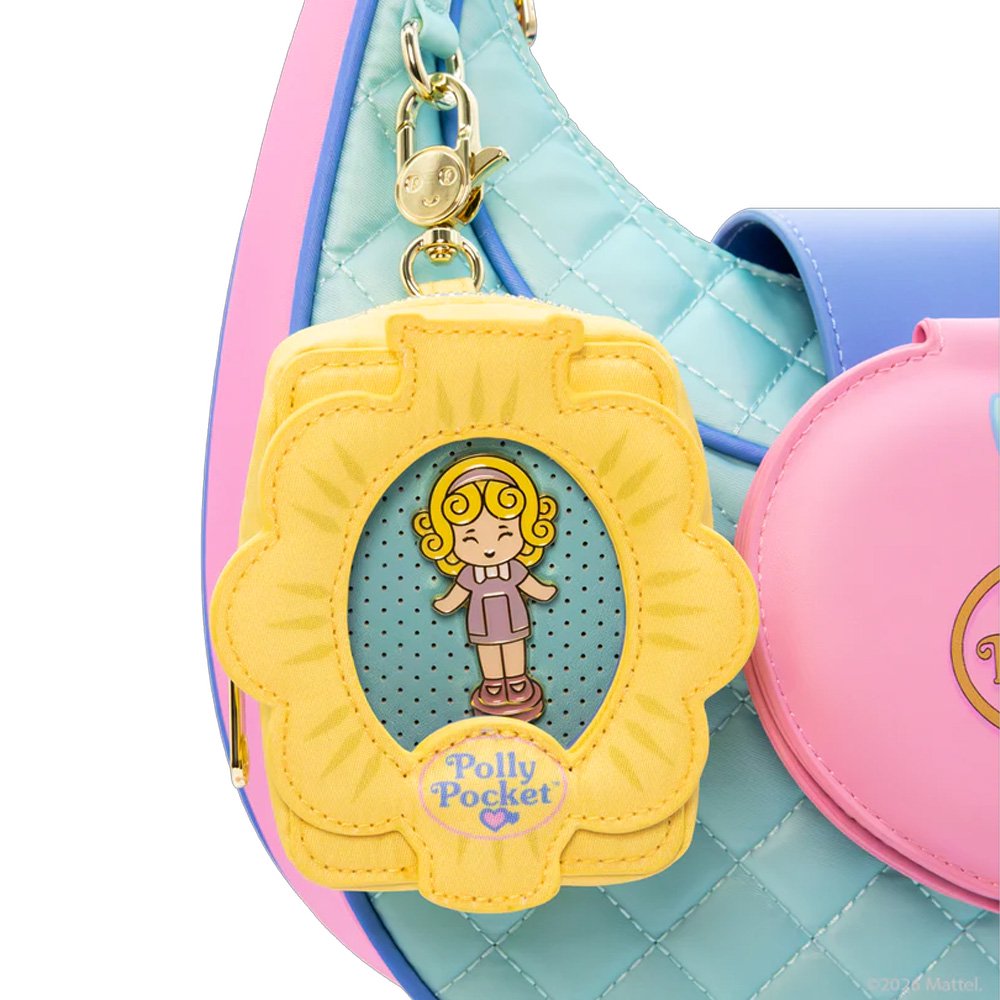 A collection of Polly Pocket mystery items including four colorful character enamel pins and four flower-shaped miniature bag charm keychains in yellow, pink, blue, and mint green.