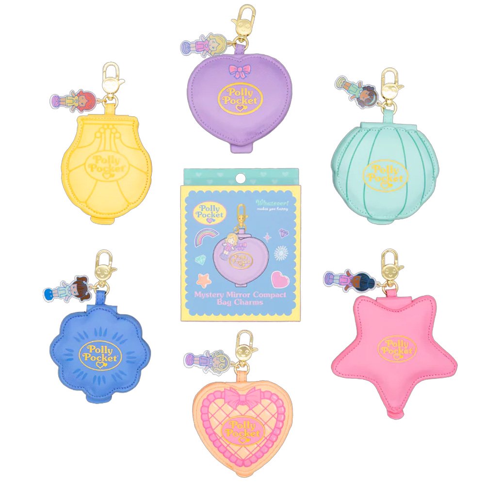 A collection of six Polly Pocket mystery mirror compact bag charms in various shapes of heart, star, shell, and flower and pastel shades of purple, pink, blue, yellow, green, and orange. The charms feature gold lobster clips and acrylic character tags.