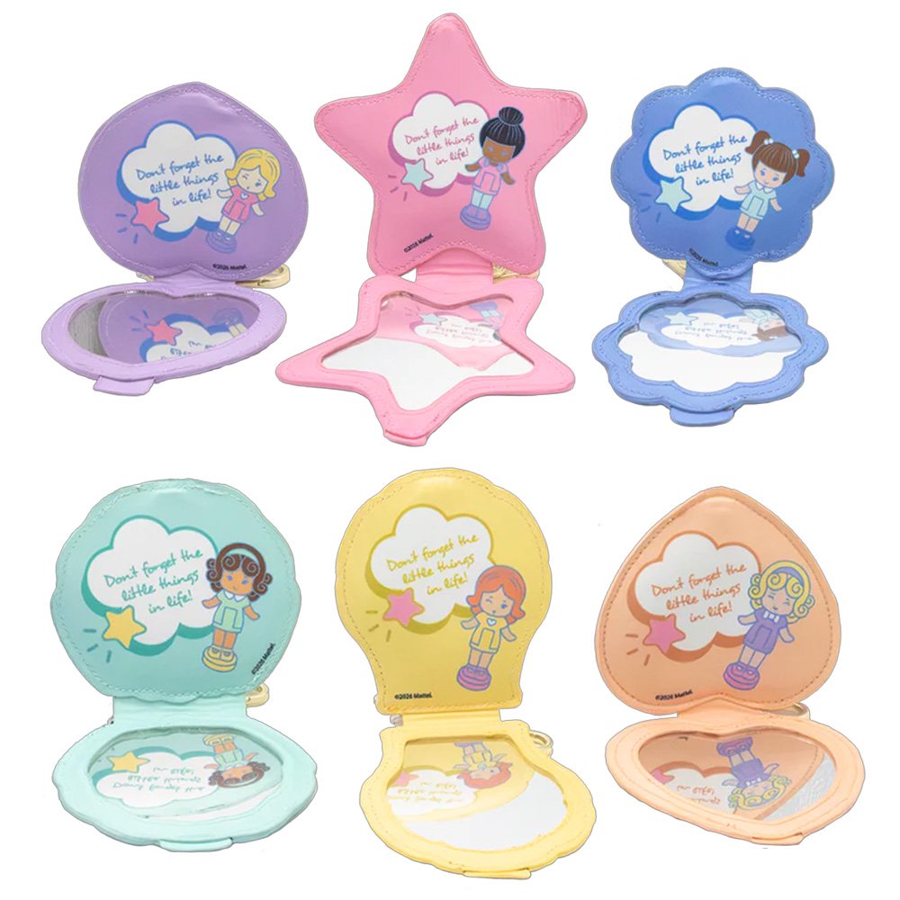 A collection of six Polly Pocket mystery mirror compact bag charms in various shapes of heart, star, shell, and flower and pastel shades of purple, pink, blue, yellow, green, and orange. The charms feature gold lobster clips and acrylic character tags.