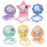 A collection of six Polly Pocket mystery mirror compact bag charms in various shapes of heart, star, shell, and flower and pastel shades of purple, pink, blue, yellow, green, and orange. The charms feature gold lobster clips and acrylic character tags.