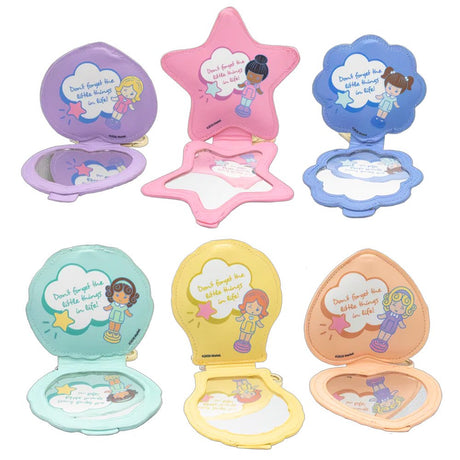 A collection of six Polly Pocket mystery mirror compact bag charms in various shapes of heart, star, shell, and flower and pastel shades of purple, pink, blue, yellow, green, and orange. The charms feature gold lobster clips and acrylic character tags.
