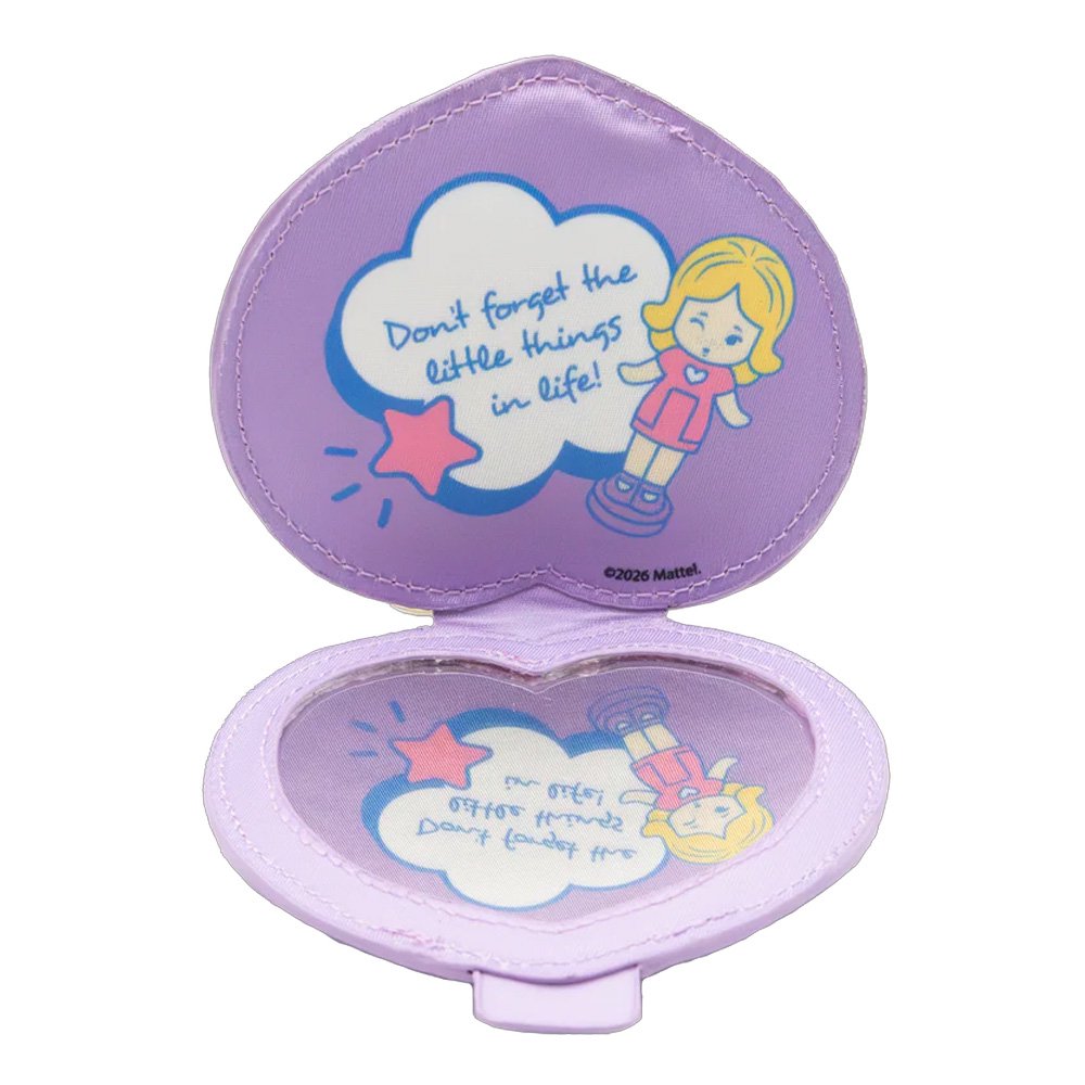 A collection of six Polly Pocket mystery mirror compact bag charms in various shapes of heart, star, shell, and flower and pastel shades of purple, pink, blue, yellow, green, and orange. The charms feature gold lobster clips and acrylic character tags.