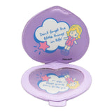 A collection of six Polly Pocket mystery mirror compact bag charms in various shapes of heart, star, shell, and flower and pastel shades of purple, pink, blue, yellow, green, and orange. The charms feature gold lobster clips and acrylic character tags.