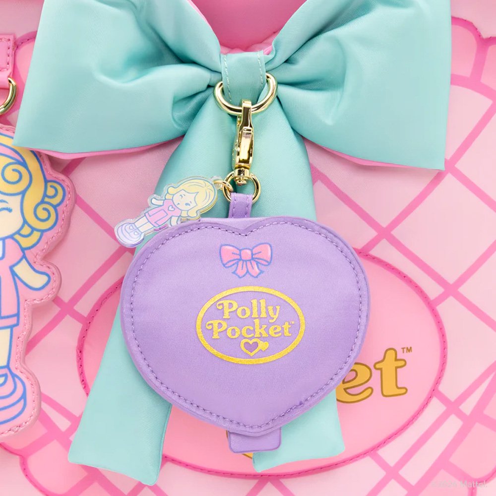 A collection of six Polly Pocket mystery mirror compact bag charms in various shapes of heart, star, shell, and flower and pastel shades of purple, pink, blue, yellow, green, and orange. The charms feature gold lobster clips and acrylic character tags.