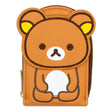 An officially licensed Rilakkuma accordion card wallet. The front shows a brown vertical wallet with an embroidered Rilakkuma character.