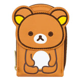 An officially licensed Rilakkuma accordion card wallet. The front shows a brown vertical wallet with an embroidered Rilakkuma character.