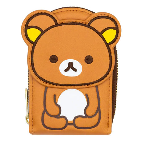 An officially licensed Rilakkuma accordion card wallet. The front shows a brown vertical wallet with an embroidered Rilakkuma character.