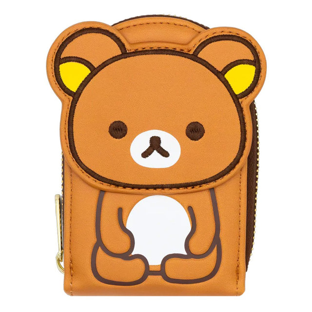 An officially licensed Rilakkuma accordion card wallet. The front shows a brown vertical wallet with an embroidered Rilakkuma character.