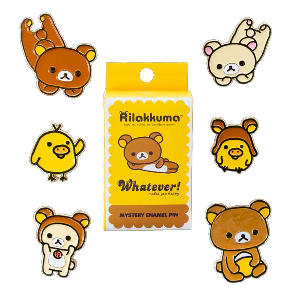 A blind box collection featuring six officially licensed enamel pins of Rilakkuma, Korilakkuma, and Kiiroitori.