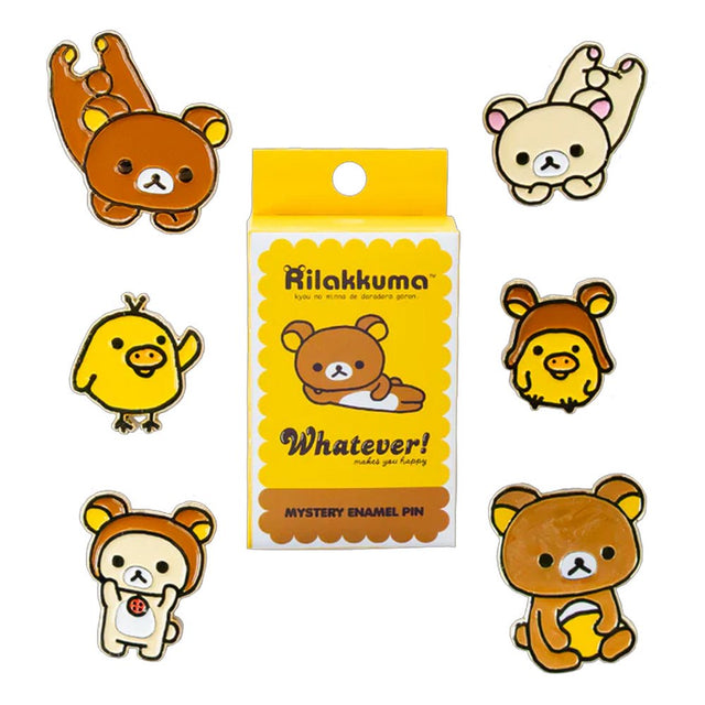 A blind box collection featuring six officially licensed enamel pins of Rilakkuma, Korilakkuma, and Kiiroitori.