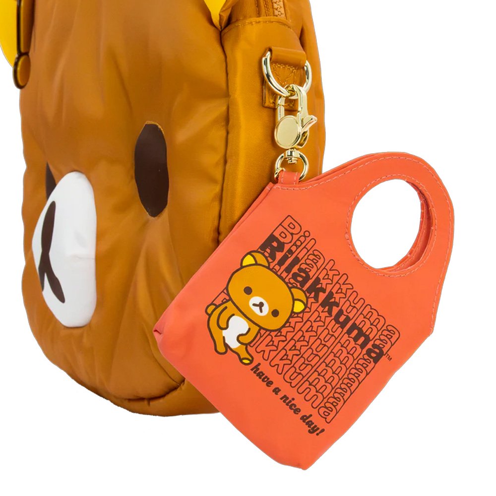 A collection of officially licensed Rilakkuma mystery keychains in a variety of colors. Each keychain is shaped like a small tote bag featuring Rilakkuma and a "have a nice day!" message, and each includes a unique food-themed charm like pancakes or pudding.